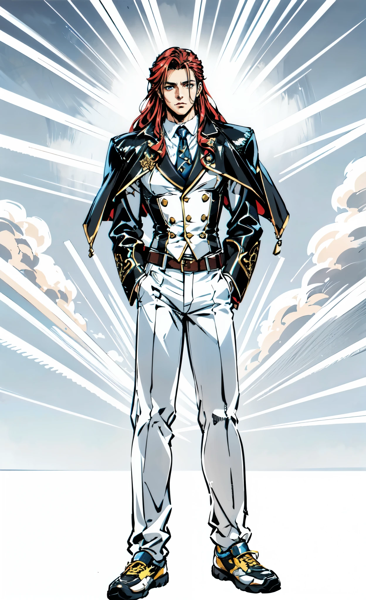 (masterpiece:1.2, best quality:1.2, extremely delicate:1.2), ((male:1.5)), a young man with long red hair, delicate face, gentle eyes, peaceful expression, fantasy-realism style outfit, a red and black short cape, a blue and white leather jacket, a belt, white pants, sneakers, his hands in his pockets, he strolls by a lakeside under dark cloudy skies, this character embodies a finely crafted fantasy-realism style Wise in anime style, exquisite and mature manga art style, dramatic, high definition, highres, ultra-detailed, ultra-fine painting, professional, perfect body proportions, golden ratio, anatomically correct, symmetrical face, extremely detailed eyes and face, high quality eyes, creativity, RAW photo, UHD, 32k, Natural light, cinematic lighting, (masterpiece-anatomy-perfect:1.2)