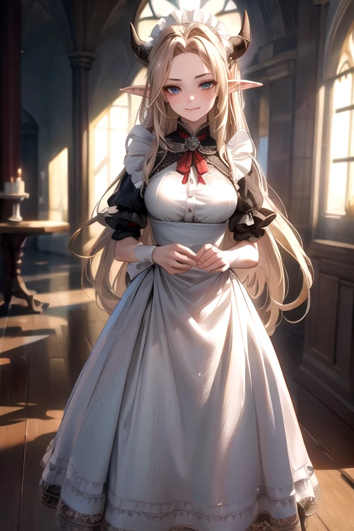 ((best quality)), ((Masterpiece)), (details:1.4), ((Enrich the picture，Masterpiece level quality)), Beautiful 8K CG artwork, 3d, HDR (high dynamic range), ne female adult elf with demon horns and dark blonde long hair and visible forehead wearing a beautiful maid dress, maid attire, maid dress, full body, adult face, forehead, beautiful maid dress, detailed maid dress with red ribbons, standing pose