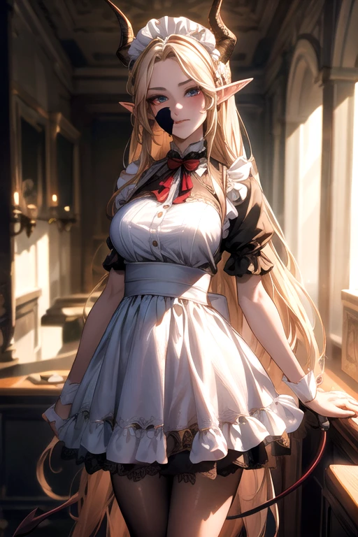 ((best quality)), ((Masterpiece)), (details:1.4), ((Enrich the picture，Masterpiece level quality)), Beautiful 8K CG artwork, 3d, HDR (high dynamic range), ne female adult elf with demon horns and dark blonde long hair and visible forehead wearing a beautiful maid dress, maid attire, maid dress, full body, adult face, forehead, beautiful maid dress, detailed maid dress with red ribbons, standing pose