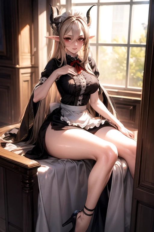 ((best quality)), ((Masterpiece)), (details:1.4), ((Enrich the picture，Masterpiece level quality)), Beautiful 8K CG artwork, 3d, HDR (high dynamic range), ne female adult elf with demon horns and dark blonde long hair and visible forehead wearing a beautiful maid dress, maid attire, maid dress, full body, adult face, forehead, beautiful maid dress, detailed maid dress with red ribbons, maid cosplay dress, victorian maid dress