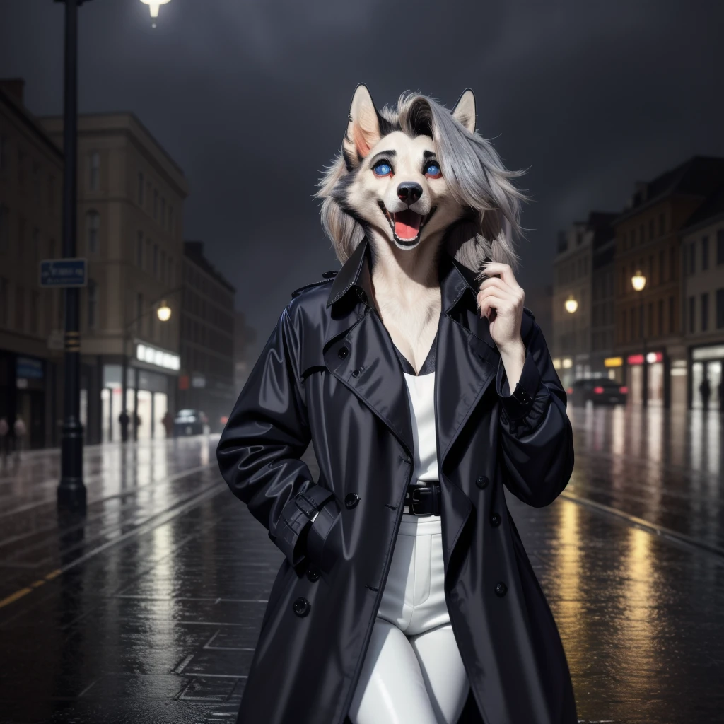 masterpiece, high quality, illustration, {beautiful detail girl}, beautiful glow in the details, beauty in dressing up, (Black jacket and trench coat), laughter, blue eyes, rainy street corner, rain, detailed lighting, detailed water, (beautiful detailed eyes: 1.1), Loona, Hellhound