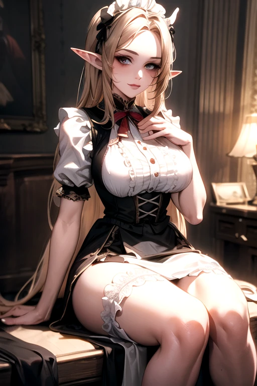 ((best quality)), ((Masterpiece)), (details:1.4), ((Enrich the picture，Masterpiece level quality)), Beautiful 8K CG artwork, 3d, HDR (high dynamic range), ne female adult elf with demon horns and dark blonde long hair and visible forehead wearing a beautiful maid dress, maid attire, maid dress, full body, adult face, forehead, beautiful maid dress, detailed maid dress with red ribbons, maid cosplay dress, victorian maid dress