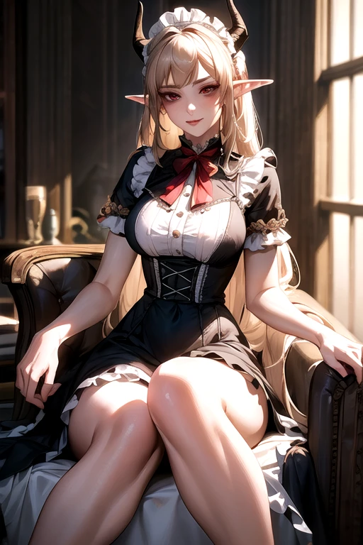 ((best quality)), ((Masterpiece)), (details:1.4), ((Enrich the picture，Masterpiece level quality)), Beautiful 8K CG artwork, 3d, HDR (high dynamic range), ne female adult elf with demon horns and dark blonde long hair and visible forehead wearing a beautiful maid dress, maid attire, maid dress, full body, adult face, forehead, beautiful maid dress, detailed maid dress with red ribbons, maid cosplay dress, victorian maid dress