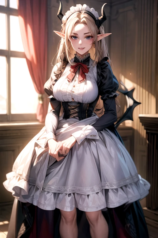 ((best quality)), ((Masterpiece)), (details:1.4), ((Enrich the picture，Masterpiece level quality)), Beautiful 8K CG artwork, 3d, HDR (high dynamic range), ne female adult elf with demon horns and dark blonde long hair and visible forehead wearing a beautiful maid dress, maid attire, maid dress, full body, adult face, forehead, beautiful maid dress, detailed maid dress with red ribbons, maid cosplay dress, victorian maid dress