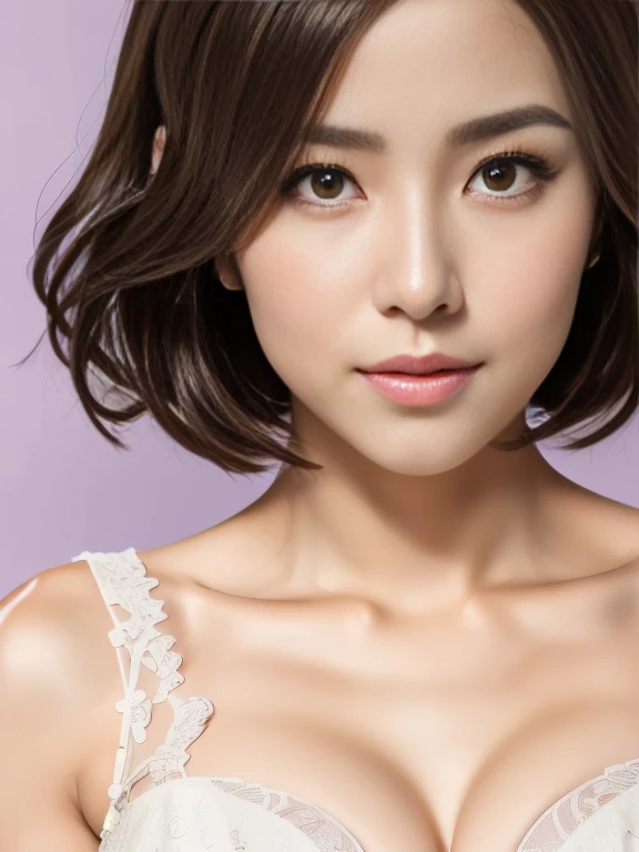  One Girl, Pink Background, Natural landscape, Professional director, Professional Lighting, (Highest quality, 128k,masterpiece), Very beautiful face, Japanese Model, Big Breasts, clavicle, Ultra HD, (Photorealistic:1.1), RAW Photo, Very large breasts and very large, narrow eyes, Black brown hair, Silver bikini with white tiger print, Standing, Standing全身, Smile, Standing写真