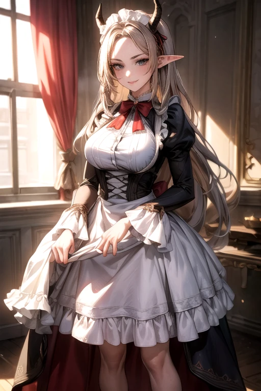 ((best quality)), ((Masterpiece)), (details:1.4), ((Enrich the picture，Masterpiece level quality)), Beautiful 8K CG artwork, 3d, HDR (high dynamic range), ne female adult elf with demon horns and dark blonde long hair and visible forehead wearing a beautiful maid dress, maid attire, maid dress, full body, adult face, forehead, beautiful maid dress, detailed maid dress with red ribbons, maid cosplay dress, victorian maid dress, seethrough sleeves