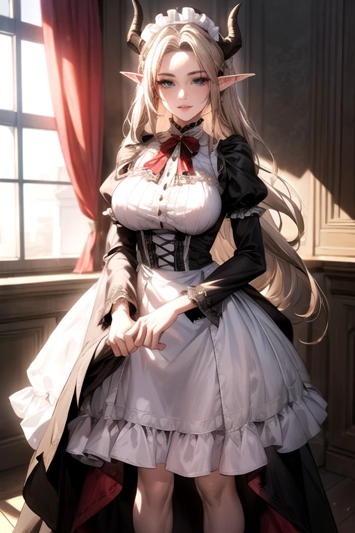 ((best quality)), ((Masterpiece)), (details:1.4), ((Enrich the picture，Masterpiece level quality)), Beautiful 8K CG artwork, 3d, HDR (high dynamic range), ne female adult elf with demon horns and dark blonde long hair and visible forehead wearing a beautiful maid dress, maid attire, maid dress, full body, adult face, forehead, beautiful maid dress, detailed maid dress with red ribbons, maid cosplay dress, victorian maid dress, seethrough sleeves