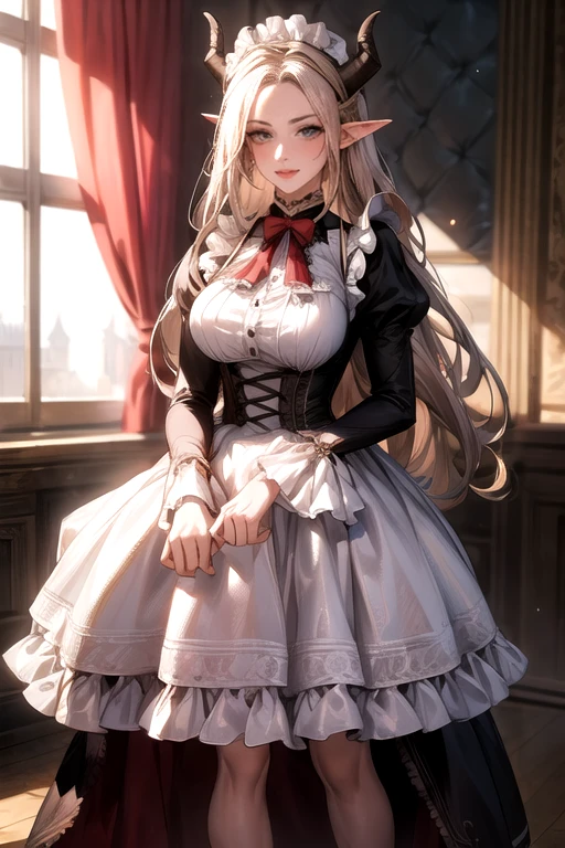 ((best quality)), ((Masterpiece)), (details:1.4), ((Enrich the picture，Masterpiece level quality)), Beautiful 8K CG artwork, 3d, HDR (high dynamic range), ne female adult elf with demon horns and dark blonde long hair and visible forehead wearing a beautiful maid dress, maid attire, maid dress, full body, adult face, forehead, beautiful maid dress, detailed maid dress with red ribbons, maid cosplay dress, victorian maid dress, seethrough sleeves