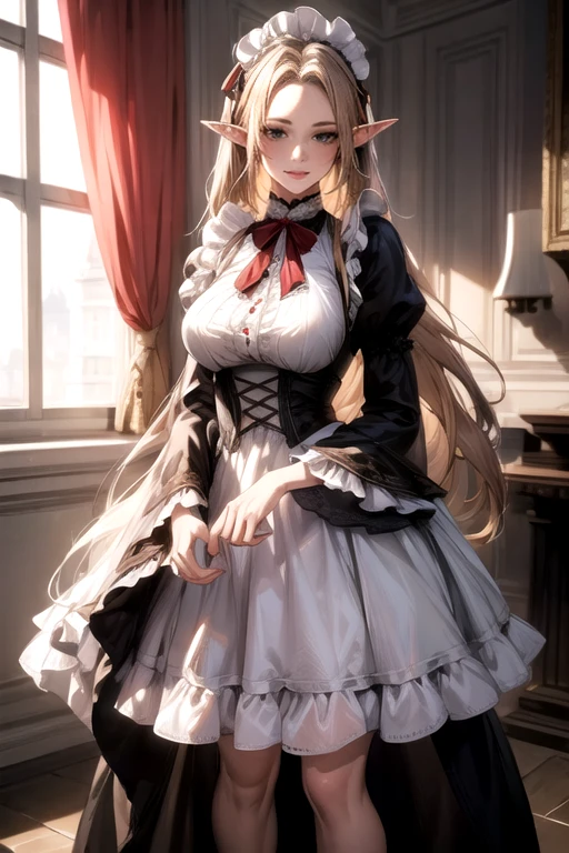 ((best quality)), ((Masterpiece)), (details:1.4), ((Enrich the picture，Masterpiece level quality)), Beautiful 8K CG artwork, 3d, HDR (high dynamic range), ne female adult elf with demon horns and dark blonde long hair and visible forehead wearing a beautiful maid dress, maid attire, maid dress, full body, adult face, forehead, beautiful maid dress, detailed maid dress with red ribbons, maid cosplay dress, victorian maid dress, seethrough sleeves