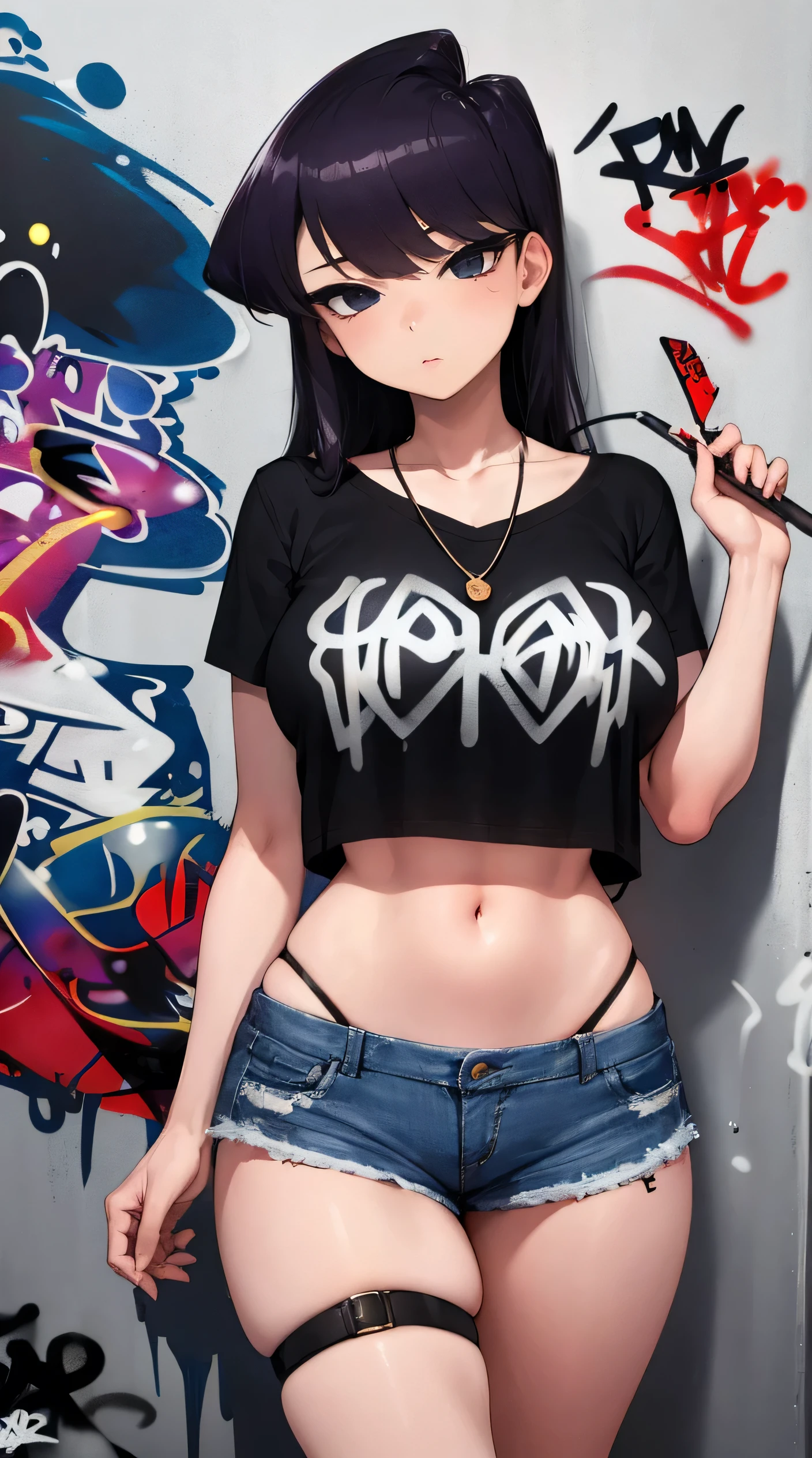 Komi Shouko, masterpiece, Best quality, 1 girl, 18 years, Big breasts, Crop top, shorts jeans, Big breasts, ,only, Crop top, shorts jeans, necklace, (graffiti:1.5), Splashes with purple lightning pattern., hand behind your back, near the wall, Front View of Viewers., thigh strap, head tilt, bored, watery eyes,