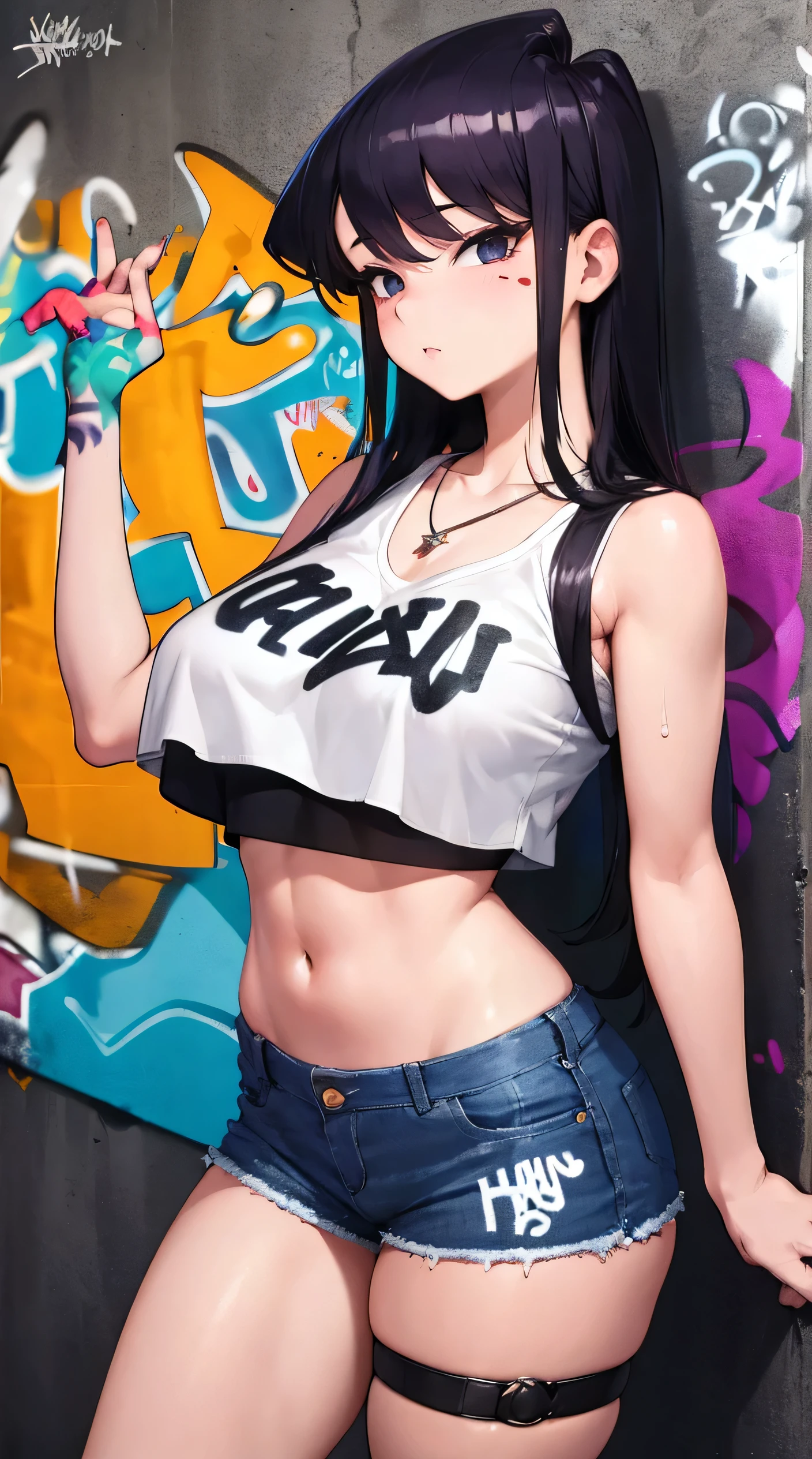 Komi Shouko, masterpiece, Best quality, 1 girl, 18 years, Big breasts, Crop top, shorts jeans, Big breasts, ,only, Crop top, shorts jeans, necklace, (graffiti:1.5), Splashes with purple lightning pattern., hand behind your back, near the wall, Front View of Viewers., thigh strap, head tilt, bored, watery eyes,