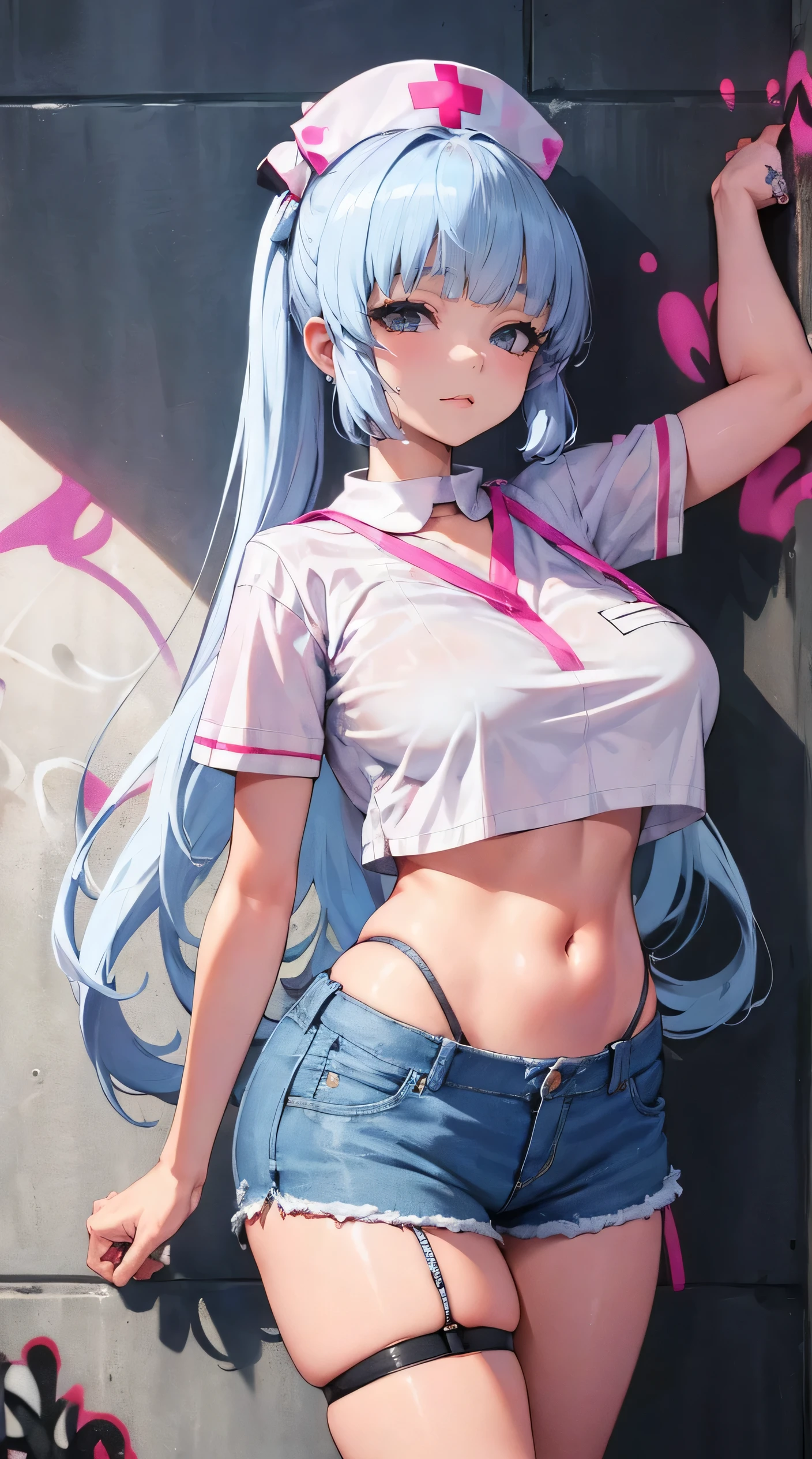 Absurd, Masterpiece, Best Quality, Realistic, Ultra Detail, (Shiny Skin, Sweat: 1.4), Slim, Gaze Viewer, 1Girl, Solo, Tennis Wear, White Polo Shirt, White Sneakers, White Miniskirt, Long Hair, Silver Hair, Blue Eyes, (Thick Thighs: 0.5), Dynamic Lighting, High Resolution, Sharp Focus, Depth of Field, Small Breasts