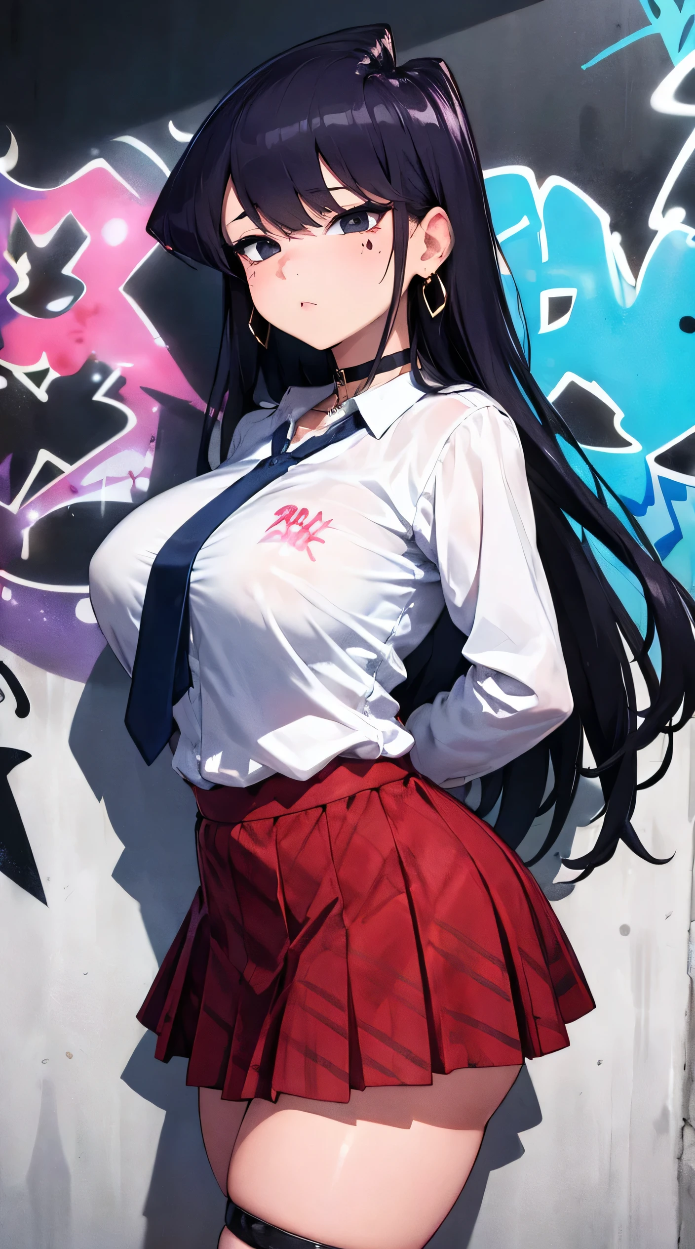 Komi Shouko, masterpiece, Best quality, 1 girl, 18 years, Big breasts, jewelry, earrings, piercing, school uniform, white shirt, tied shirt, black choker, blue necktie, plaid skirt, (graffiti:1.5), Splashes with purple lightning pattern., hand behind your back, near the wall, Front View of Viewers., thigh strap, head tilt, bored, watery eyes,