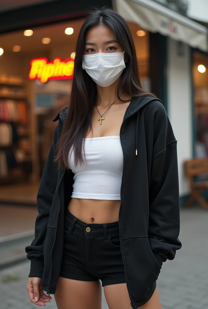 Woman, eyes narrowed, wearing a mask, the person is wearing a black jacket that is furry and open at the front, revealing part of her stomach, carrying a suitcase, she seems to be at the airport