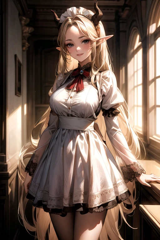 ((best quality)), ((Masterpiece)), (details:1.4), ((Enrich the picture，Masterpiece level quality)), Beautiful 8K CG artwork, 3d, HDR (high dynamic range), ne female adult elf with demon horns and dark blonde long hair and visible forehead wearing a beautiful maid dress, maid attire, maid dress, full body, adult face, forehead, beautiful maid dress, detailed maid dress with red ribbons, standing pose, seethrough sleeves