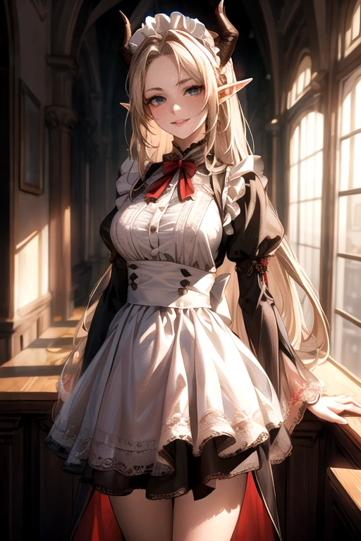 ((best quality)), ((Masterpiece)), (details:1.4), ((Enrich the picture，Masterpiece level quality)), Beautiful 8K CG artwork, 3d, HDR (high dynamic range), ne female adult elf with demon horns and dark blonde long hair and visible forehead wearing a beautiful maid dress, maid attire, maid dress, full body, adult face, forehead, beautiful maid dress, detailed maid dress with red ribbons, standing pose, seethrough sleeves