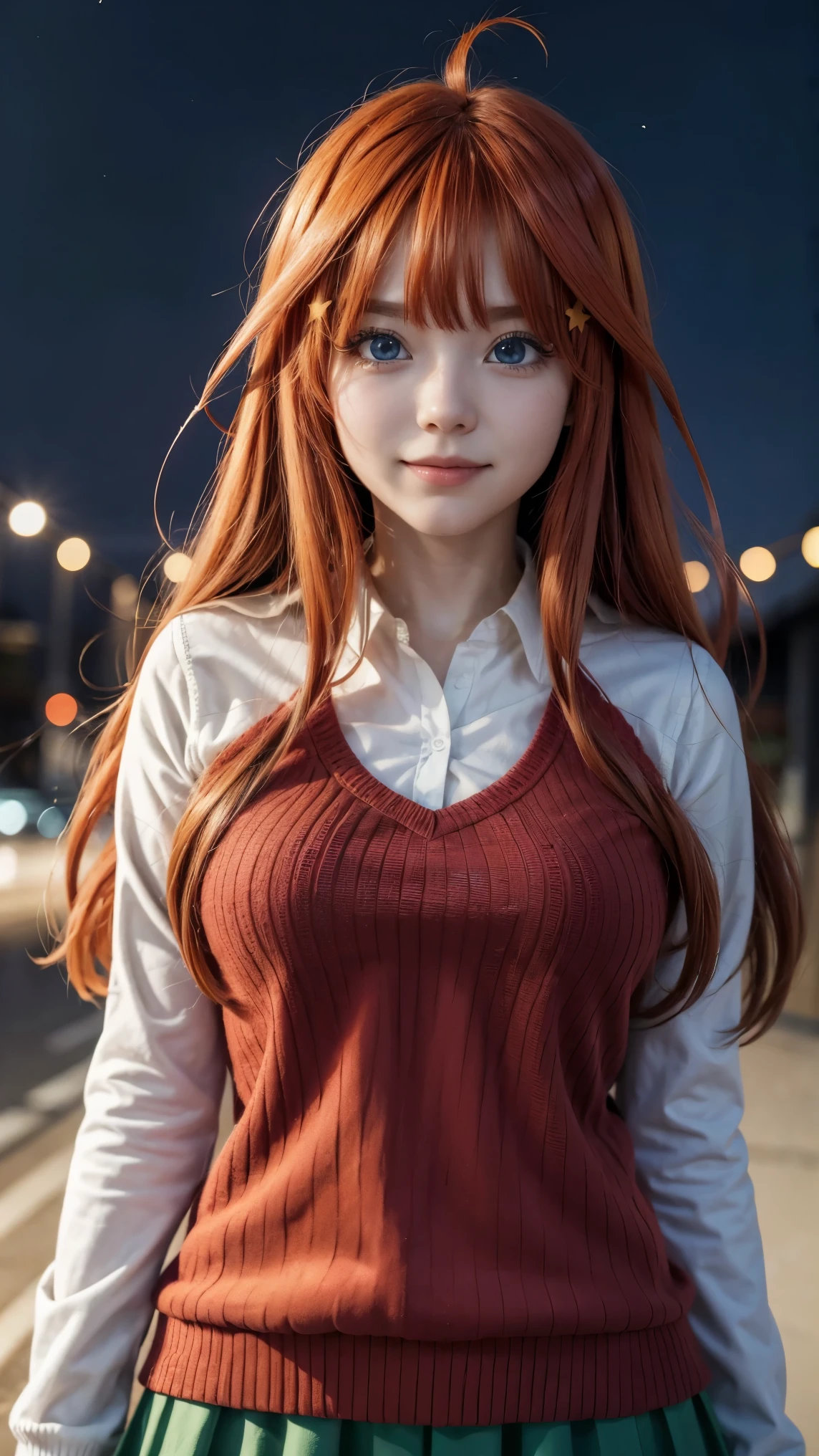 1girl,huge breast, orange hair, ponytail,school uniform,syal,snow,ultra detailed, masterpiece, realistic