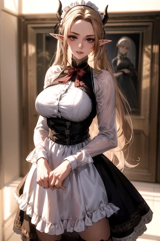 ((best quality)), ((Masterpiece)), (details:1.4), ((Enrich the picture，Masterpiece level quality)), Beautiful 8K CG artwork, 3d, HDR (high dynamic range), ne female adult elf with demon horns and dark blonde long hair and visible forehead wearing a beautiful maid dress, maid attire, maid dress, full body, adult face, forehead, beautiful maid dress, detailed maid dress with red ribbons, maid cosplay dress, short victorian maid dress, seethrough sleeves