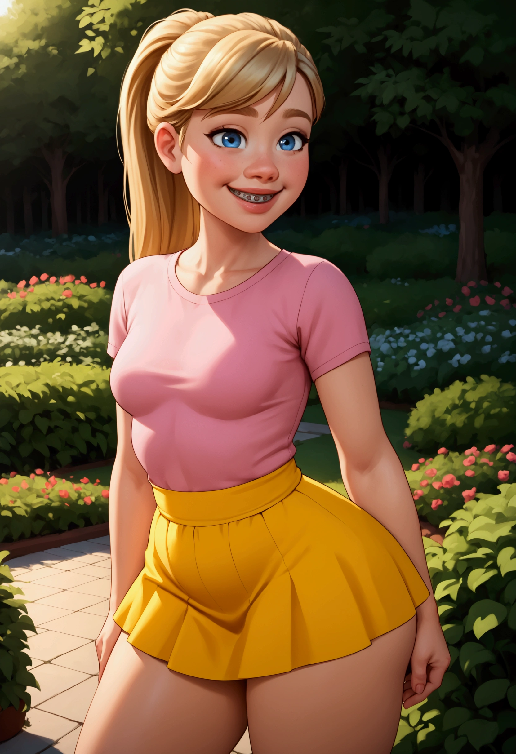 A stunning, intricate full-color portrait in Ultra-HD, detailed face, sexy lips, teen girl, young girl, jailbait, long hair and making a blonde ponytail, blue eyes, Wearing pink t-shirt, croptop,  sharp focus, natural lighting, Subsoil Dispersion, F2, 35mm, will be standing, posing sensually, large butt, very sexy, huge butt, with chubby legs and wide hips, thick thighs, very narrow waist, in a garden, smiling and with braces, bent over, medium breasts, big ass, She will be wearing a very small wide yellow skirt that her underwear will be visible,