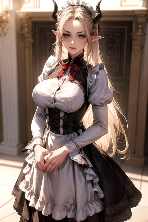 ((best quality)), ((Masterpiece)), (details:1.4), ((Enrich the picture，Masterpiece level quality)), Beautiful 8K CG artwork, 3d, HDR (high dynamic range), ne female adult elf with demon horns and dark blonde long hair and visible forehead wearing a beautiful maid dress, maid attire, maid dress, full body, adult face, forehead, beautiful maid dress, detailed maid dress with red ribbons, maid cosplay dress, short victorian maid dress, seethrough sleeves