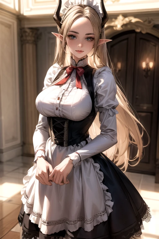 ((best quality)), ((Masterpiece)), (details:1.4), ((Enrich the picture，Masterpiece level quality)), Beautiful 8K CG artwork, 3d, HDR (high dynamic range), ne female adult elf with demon horns and dark blonde long hair and visible forehead wearing a beautiful maid dress, maid attire, maid dress, full body, adult face, forehead, beautiful maid dress, detailed maid dress with red ribbons, maid cosplay dress, short victorian maid dress, seethrough sleeves