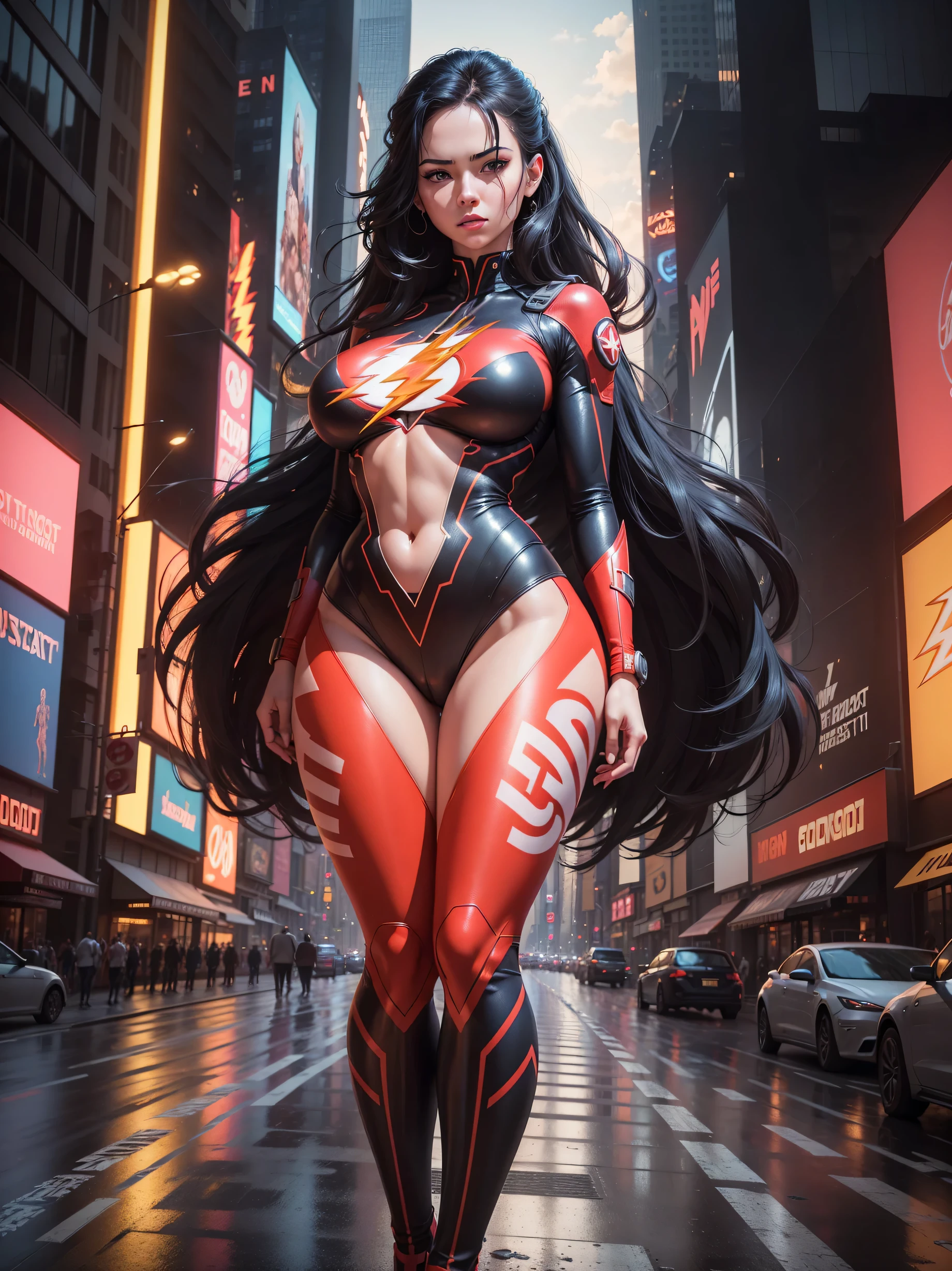 a digital painting of supergirl merging with venom, long hair, cyberpunk art by Josan Gonzalez, winner of the behance contest, afrofuturism, synthwave, neon, shiny neon, thick thighs, thin waist, sensual, nsfw, little clothing, erotic art, anime, torn battle clothes, extremely sexualized, sweaty body, NSFW, big breasts, big ass, HD, 8k, High quality, details, perfect body, Highlight the body, detail on the perfect face, detail in the background