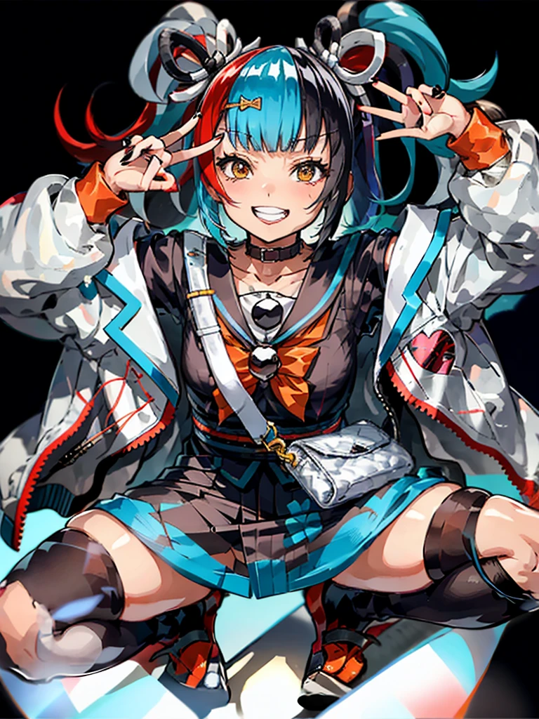 Seishonagon, One Girl, alone, Yellow Eyes, Twin tails, alone, Blue Hair, multicoloRedhead, Black Hair, Redhead, Jacket, collar, Seraphim, sailor collar, bow tie, Red Bow, heart, Black socks, Knee socks, Red footwear, Nail Polish Break,Upper Body,Bright classroom,(Squat,Spread your legs),Spread your legs,Wicked Smile,Panty shot,Headrest,Focus on the crotch