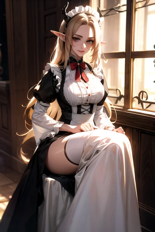 ((best quality)), ((Masterpiece)), (details:1.4), ((Enrich the picture，Masterpiece level quality)), Beautiful 8K CG artwork, 3d, HDR (high dynamic range), ne female adult elf with demon horns and dark blonde long hair and visible forehead wearing a beautiful maid dress, maid attire, maid dress, full body, adult face, forehead, beautiful maid dress, detailed maid dress with red ribbons, maid cosplay dress, short victorian maid dress, seethrough sleeves