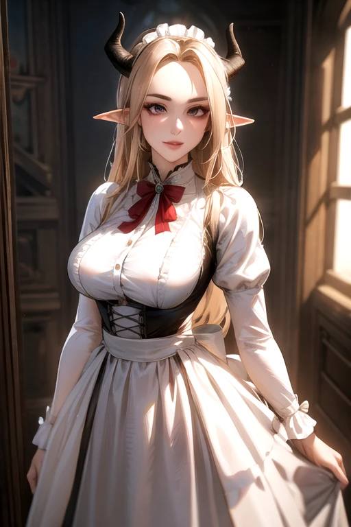 ((best quality)), ((Masterpiece)), (details:1.4), ((Enrich the picture，Masterpiece level quality)), Beautiful 8K CG artwork, 3d, HDR (high dynamic range), ne female adult elf with demon horns and dark blonde long hair and visible forehead wearing a beautiful maid dress, maid attire, maid dress, full body, adult face, forehead, beautiful maid dress, detailed maid dress with red ribbons, maid cosplay dress, short victorian maid dress, seethrough sleeves