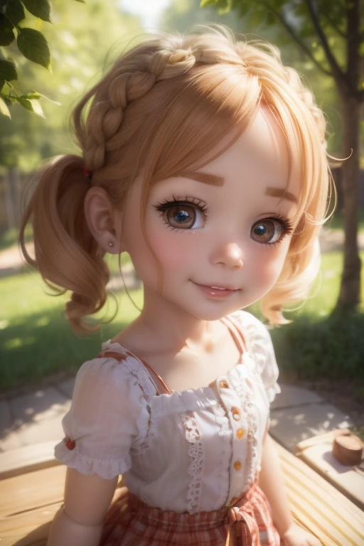 Photorealistic、Chibi Girl Doll（Apple-themed clothing、Have a magic wand、smile）,8k, photorealistic, beautiful detailed eyes, beautiful detailed lips, extremely detailed face and skin, intricate details, vibrant colors, natural lighting, pastoral, serene, tranquil, cozy, cute, adorable, kawaii