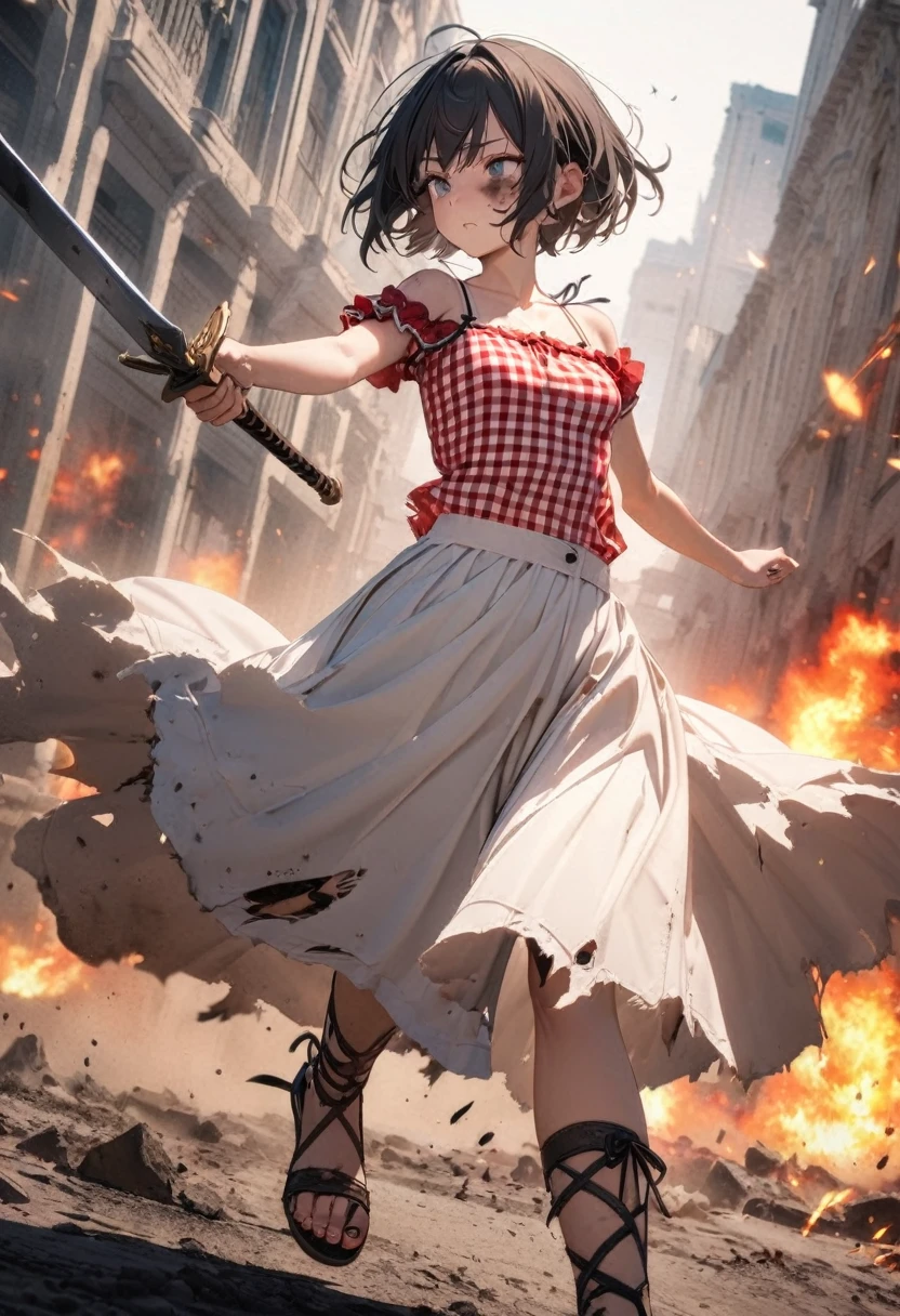 (8k, Best Quality, masterpiece: 1.2), Ultra-high resolution, 1 person, cute, solo ,Small breasts, Highly detailed face, White long skirt, The top is a red gingham check camisole.ソール, Short sleeve, White long skirt, The top is a red gingham check camisole., 白色のShort sleeve, Gladiator Sandals, Fighting with a two-handed sword, Burning Battlefield, A strong enemy in front of me, Deadly Combat, Fierce Fight, Torn clothes, Clothes are dirty with ash and soot, White long skirt, Torn Skirt, Dirty Skirt, The whole body is black and dirty with ash and soot., Severe stains, 