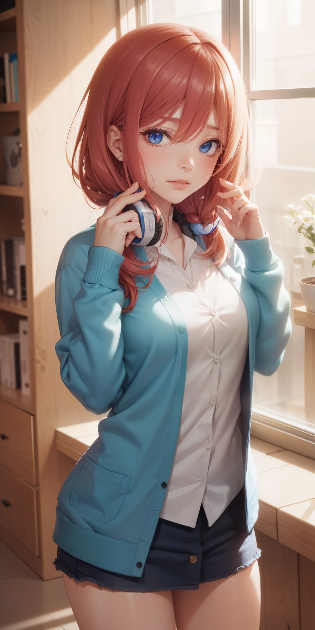 8k, masterpiece, best quality, realistic, higly detailed, cowboy shot, 1girl, solo, miku, emotionless looking girl, medium-length red hair, strands of hair hanging over the right side of her face, a set of wireless headphones that have a triangle-shaped logo on the ear cups around her neck, dark blue eyes, average height, well-endowed figure, large breasts, long-sleeved sweater that covers her school uniform, black tights, bangs cover her right eye, wears a ranzel