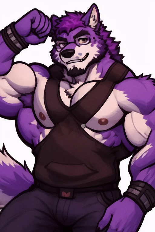 a wolf with baby pink fur, very muscular, shirtless, flexing the muscles of the right arm, looking at the flexed arm and smiling, in a cherry forest 