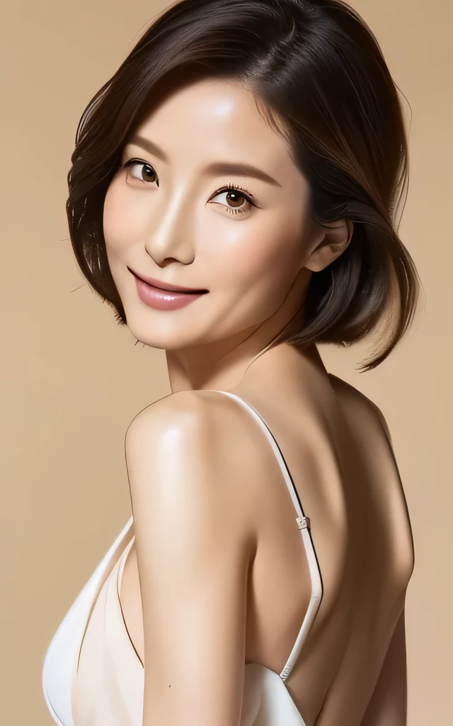 (((Nude Photos)))、Mature Woman,、(48 years old),、Lip gloss, (smile:1),clavicle, ((Looking at the audience)), (short hair ), (Bust-up shot from the side、) , Slender figure , With eyes wide open , Perfect round eyes , Fine texture , (Photorealistic:1.3),(RAW Photos）, 8K, Very detailed, Highest quality, 