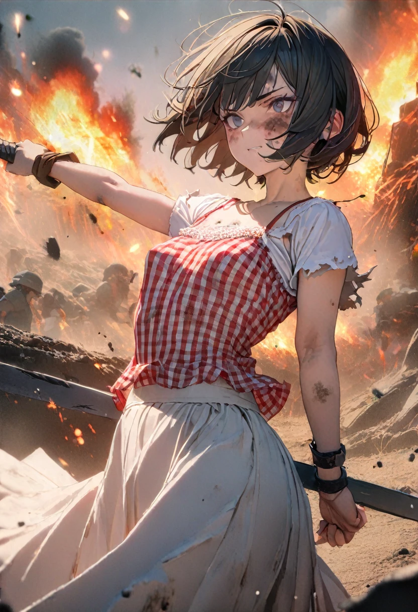 (8k, Best Quality, masterpiece: 1.2), Ultra-high resolution, 1 person, cute, solo ,Small breasts, Highly detailed face, White long skirt, The top is a red gingham check camisole.ソール, Short sleeve, White long skirt, The top is a red gingham check camisole., 白色のShort sleeve, Gladiator Sandals, Fighting with a two-handed sword, Burning Battlefield, A strong enemy in front of me, Deadly Combat, Fierce Fight, Torn clothes, Clothes are dirty with ash and soot, White long skirt, Torn Skirt, Dirty Skirt, The whole body is black and dirty with ash and soot., Severe stains, burnt, scratch , 