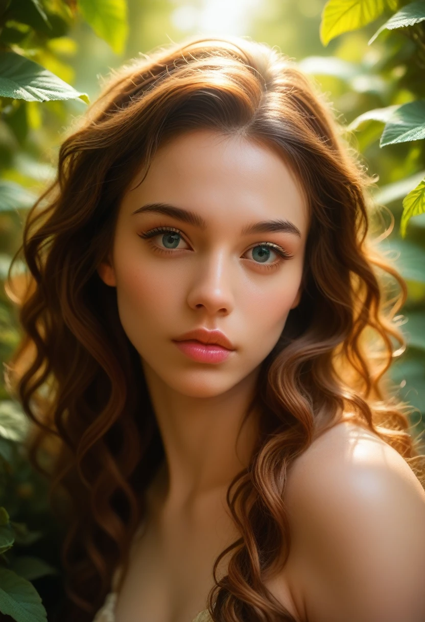 a beautiful girl, incredibly detailed, stunning eyes, full lips, flawless skin, flowing hair, elegant pose, sensual expression, alluring, in a lush garden, sunlight filtering through trees, vibrant colors, photorealistic, 8k, ultra-detailed, masterpiece, digital art