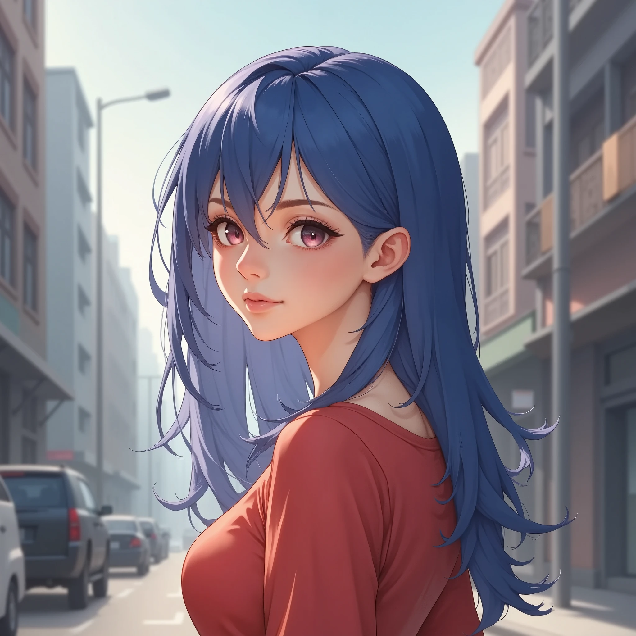 psanime, beautiful blue haired woman with red dress on city streets, studio type perfect lighting 