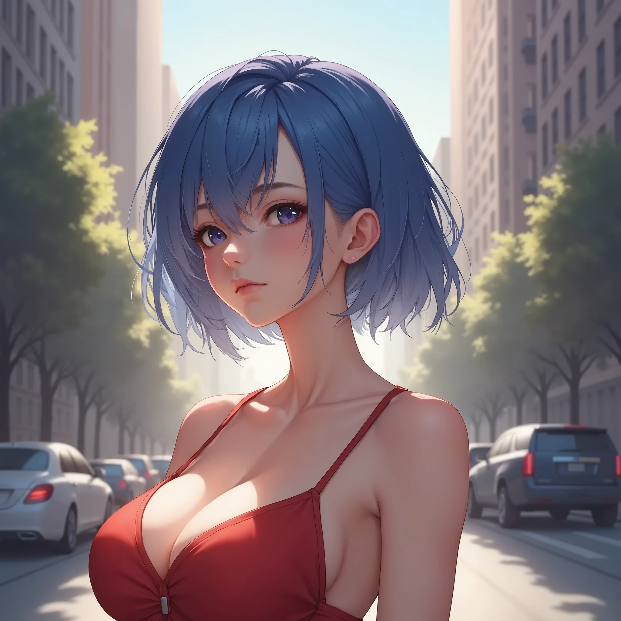 psanime, beautiful blue haired woman with red dress on city streets, studio type perfect lighting 