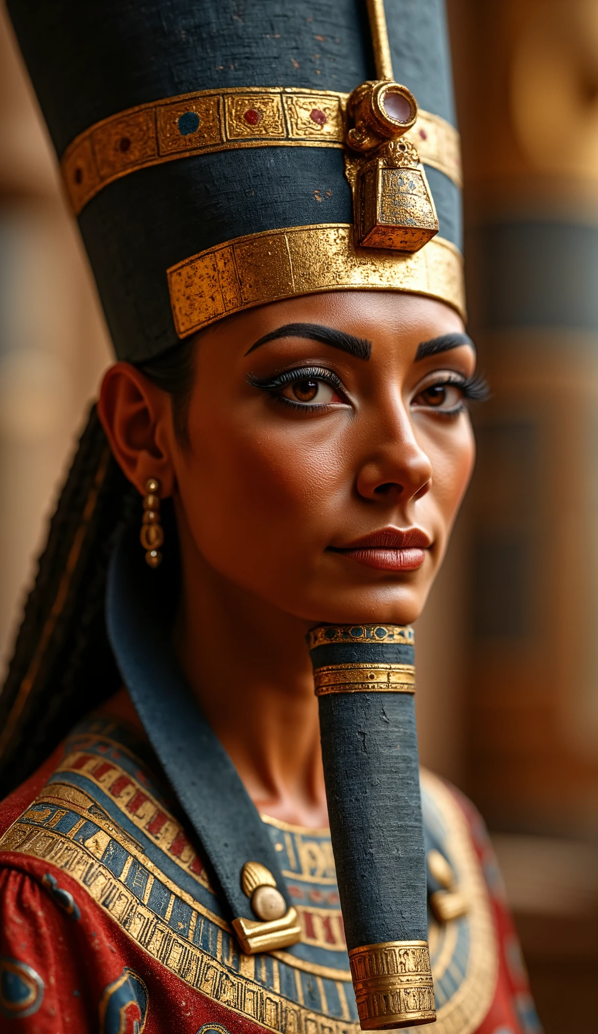 beautiful detailed portrait of Hatshepsut, the female pharaoh of ancient Egypt, wearing the traditional crown and false beard of male pharaohs, dressed in the robes of a pharaoh, 4k uhd, ultra detailed, no aliasing