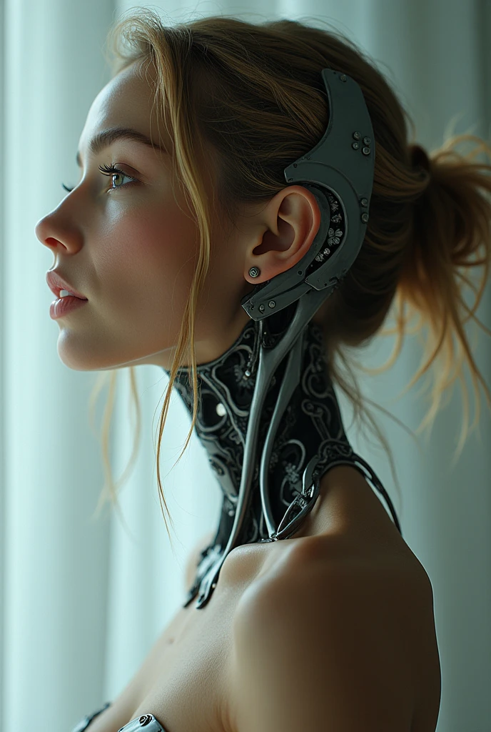 complex 3d render ultra detailed of a porcelain woman cyborg, 1girl, (natural skin texture, realistic eye details:1.2), robotic parts, beautiful soft light, rim light, vibrant details, luxurious cyberpunk, hyperrealistic, anatomical, facial muscles, cable electric wires, microchip, elegant, beautiful background, octane render, APPLE style, 8k, best quality, masterpiece, illustration, extremely delicate and beautiful, CG, unity, wallpaper, (realistic, photo-realistic:1.2), Amazing, finely detail, masterpiece, best quality, official art, extremely detailed CG unity 8k wallpaper, incredibly absurdres, sexy robot, mechanical skeleton, android, surrealism, doomsday wasteland, (high-tech prosthetics:1.2), fluffy black short hair, perfect body, Navy blue glowing cyber vessel