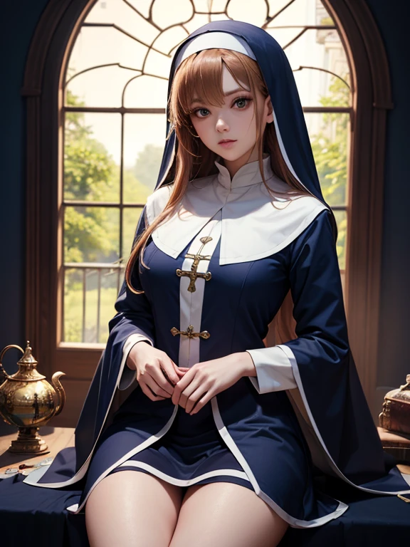 masterpiece, highest quality, High resolution、highest quality、unity 8k wallpaper、32k、Very detailed、超High resolution、Very detailedな顔、RAW Photos、Professional、Ultra-fine painting、Magical Girl Sister Asuna、Dark navy blue nun&#39;s magical girl costume、Puff sleeves、Shoulder rest、Silver Breastplate、Pleated skirt、Long gloves、Thigh-high stiletto boots、A large white and red ribbon with a large ruby brooch on the chest、Hair Clip、Hair Ribbon、Open your legs、Invite a man、(((Love juices are dripping from between her legoisture、(((Pushing the female genitalia apart)))、Open mouth tongue、(((Drooling)))、(((Trembling groin and hips)))、(((Twitching female genitals)))、(((Sweaty body)))、NSFW、