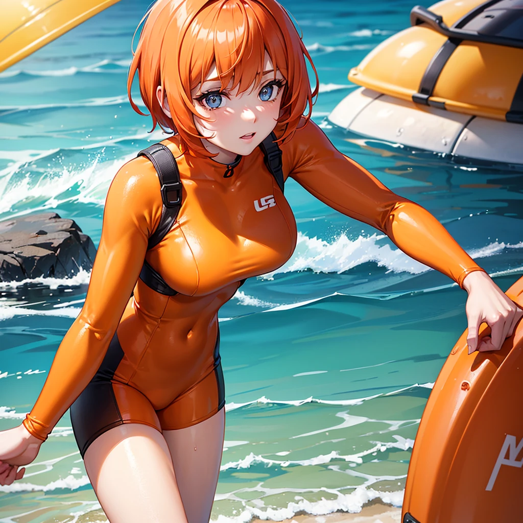 Picture an anime girl with vibrant tangerine-colored hair styled in playful beach waves. Her latex swimsuit resembles the luscious hues of a tropical citrus medley, featuring a bold mix of orange, yellow, and hints of lime green. Positioned on a sun-soaked tropical beach, she reclines on a fruit-themed inflatable float. The swimsuit has whimsical fruit patterns, and her expression radiates pure joy, as if she embodies the essence of a refreshing tropical paradise.
