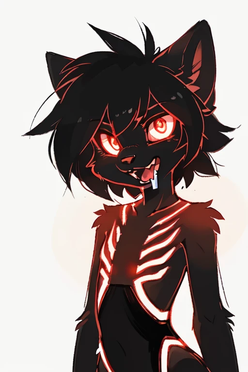 furry, anthro, wolf, wolf ears, wolf tail, ((neon green, snow white and pitch black colored fur)), ((neon alien markings covering body)), fluffy mohawk, hair same color as fur, messy fur, neck floof, black scleras, red pupils, razor sharp teeth, slim body, handsome, sexy, slender, monstrous, eerie, creepy, scary, naked, pawpads, neon green pawpads, posing creepily, plain black background, ((best quality, 4K, UHD, masterpiece)), alone,