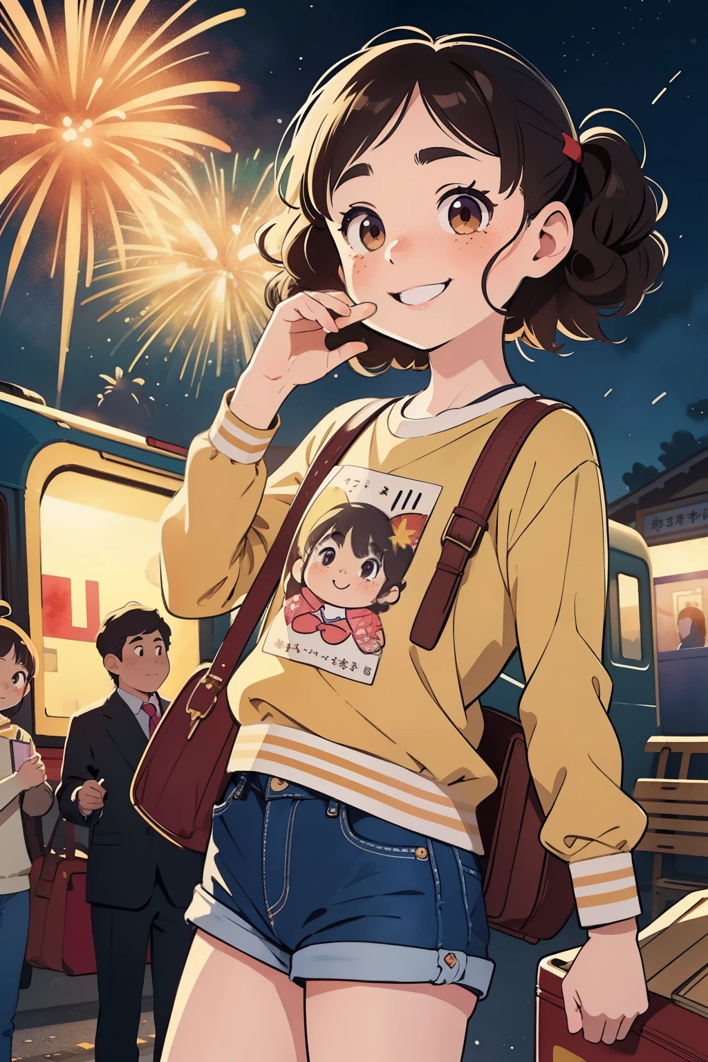 Masterpiece，Best Quality，Cute doodles，Cheerful, Honor student，Young  ，baby face，Very short，Flat Chest，Thin thighs，Curly Hair, Twin tail hair，Vibrant, Curious eyes，Freckles，Thick eyebrows，Open Fly，Waiting for the train in front of a small station，Jojo Fashion，smile，Red cheeks，A little embarrassing，autumn，autumnの夜空，Sardine cloud，autumnの紅葉，Fireworks，Fireworks，bright，Low Angle，bright色，watercolor，Accurate and detailed female fingers，Petting a cat，