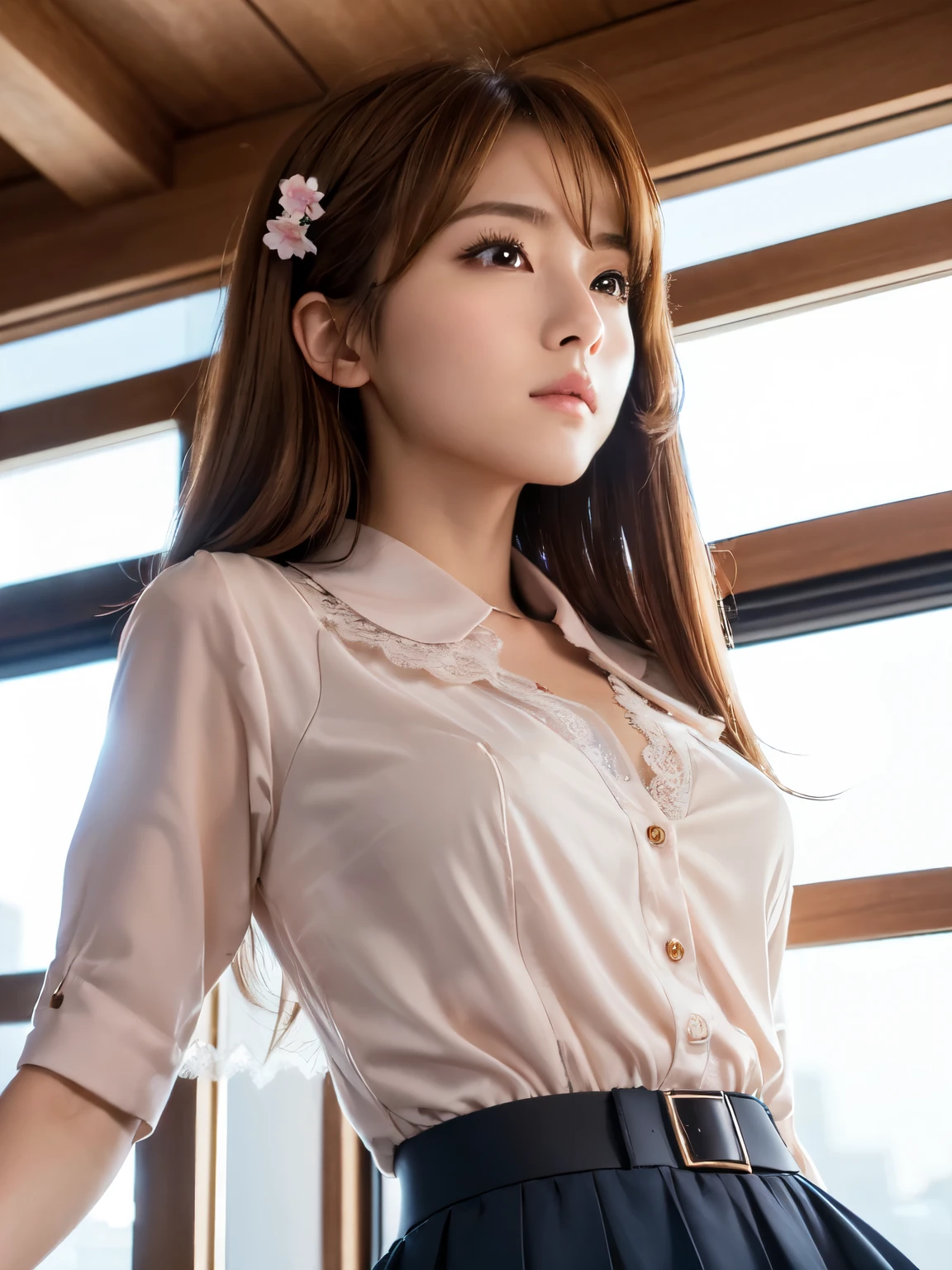 master piece , best quality , detailed , blouse , skirt , sitting , (from front) , bed room , indoor