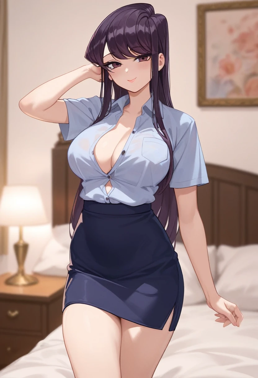 (mature woman), blushed, very horny, light skin, button down shirt, (naughty face), Komi de Komi-san, (long pencil skirt), beautiful face, Sensual, highest quality, standing pose, (Bottom: In front of a motel bed)