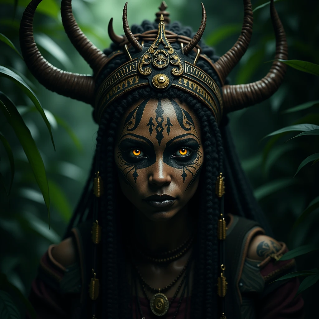 realistic voodoo witch in african jungle, dark and moody atmosphere, golden glowing eyes, intricate detailed face, elaborate tribal makeup and headdress, full body, lush jungle foliage backdrop, ominous lighting, dramatic shadows, photorealistic, cinematic, 8k, best quality, highly detailed