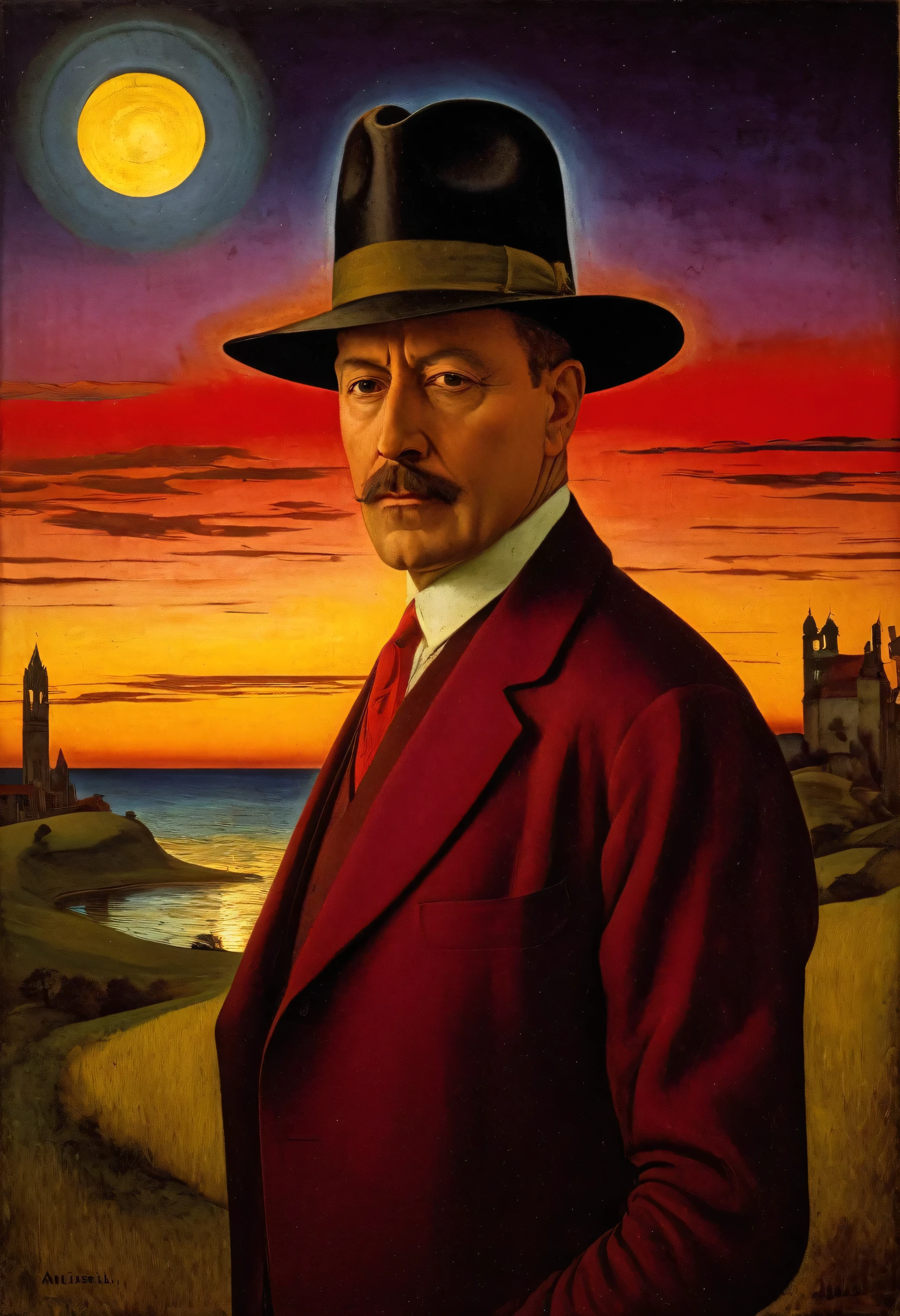 (ambre!!!!)[(front portrait: Chief Inspector Japp / Philip Jackson, in a hat suit, 1936)((Carlos-Schwabe style)))::20]/[background:landscape
 Baroque (moonlight sunset), style Albrecht-Altdorfer], naive art, primitivism, protogen, crimson/liliac, very colorful,((oil painting)),((masterpiece)),single shot