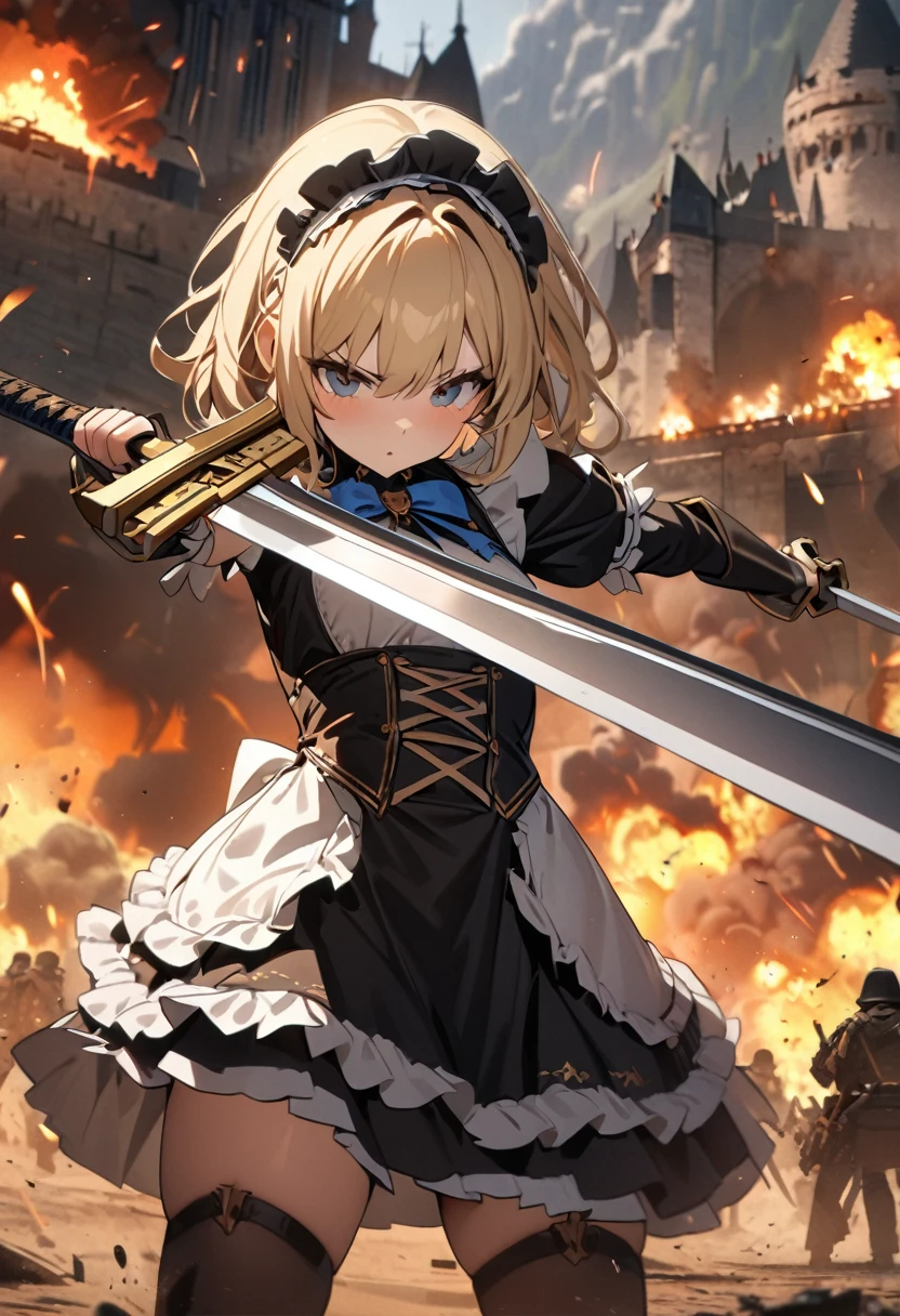 (8k, super high quality, masterpiece, )Ultra-high resolution, One Girl, cute, strong, Blonde, Small breasts, Black Dress, White apron, Blue ribbon, Gold A-line, Gold accents, Gothic maid outfit, long, Burning Battlefield, Castle Defense, explosion, Big two-handed sword, (Western-style sword, ), Sword competition, A strong enemy in front of me, Deadly Combat, Cornered, I&#39;m somehow managing to protect it all by myself., be cut by a sword, Torn Apron、Torn clothes：、Dirty clothes、Dirty with ash or soot、Dirt all over the body、scratch、Blood、Brandishing a sword with both hands、