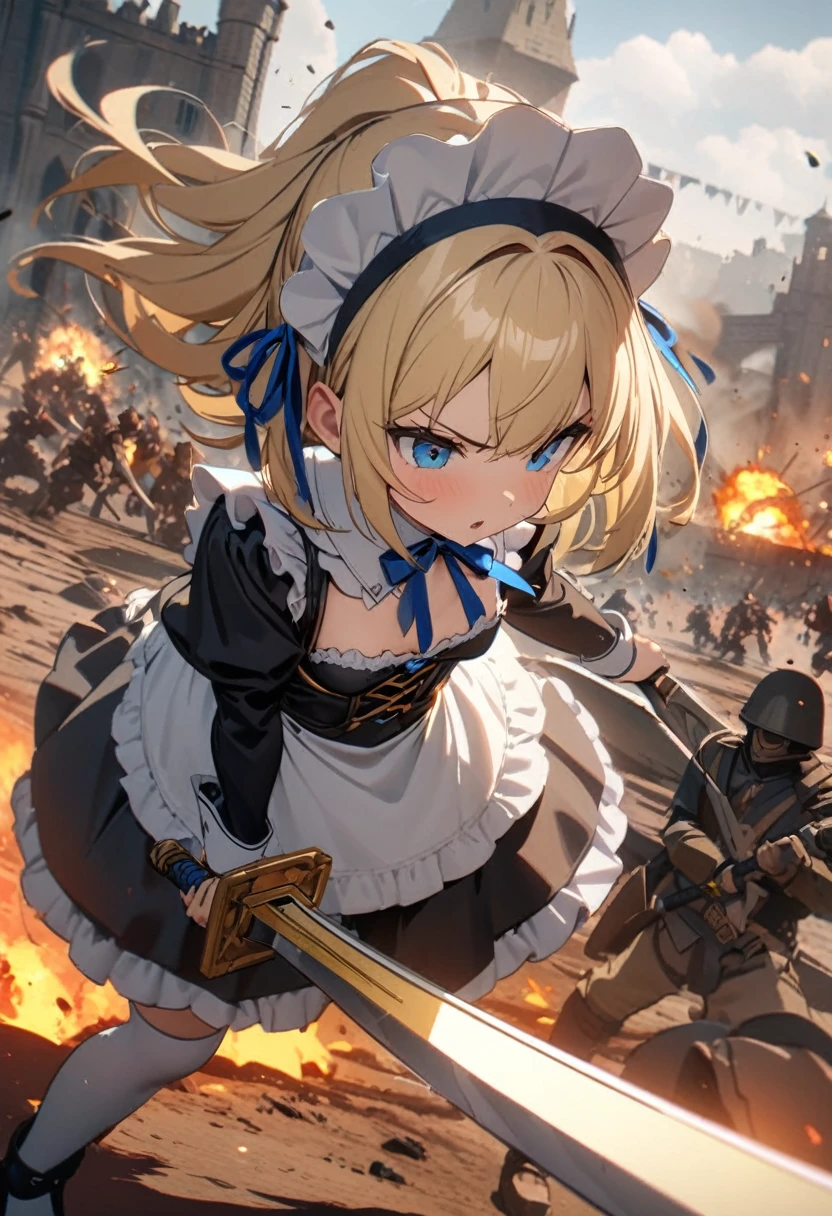 (8k, super high quality, masterpiece, )Ultra-high resolution, One Girl, cute, strong, Blonde, Small breasts, Black Dress, White apron, Blue ribbon, Gold A-line, Gold accents, Gothic maid outfit, long, Burning Battlefield, Castle Defense, explosion, Big two-handed sword, (Western-style sword, ), Sword competition, A strong enemy in front of me, Deadly Combat, Cornered, I&#39;m somehow managing to protect it all by myself., be cut by a sword, Torn Apron、Torn clothes：、Dirty clothes、Dirty with ash or soot、Dirt all over the body、scratch、Blood、Brandishing a sword with both hands、